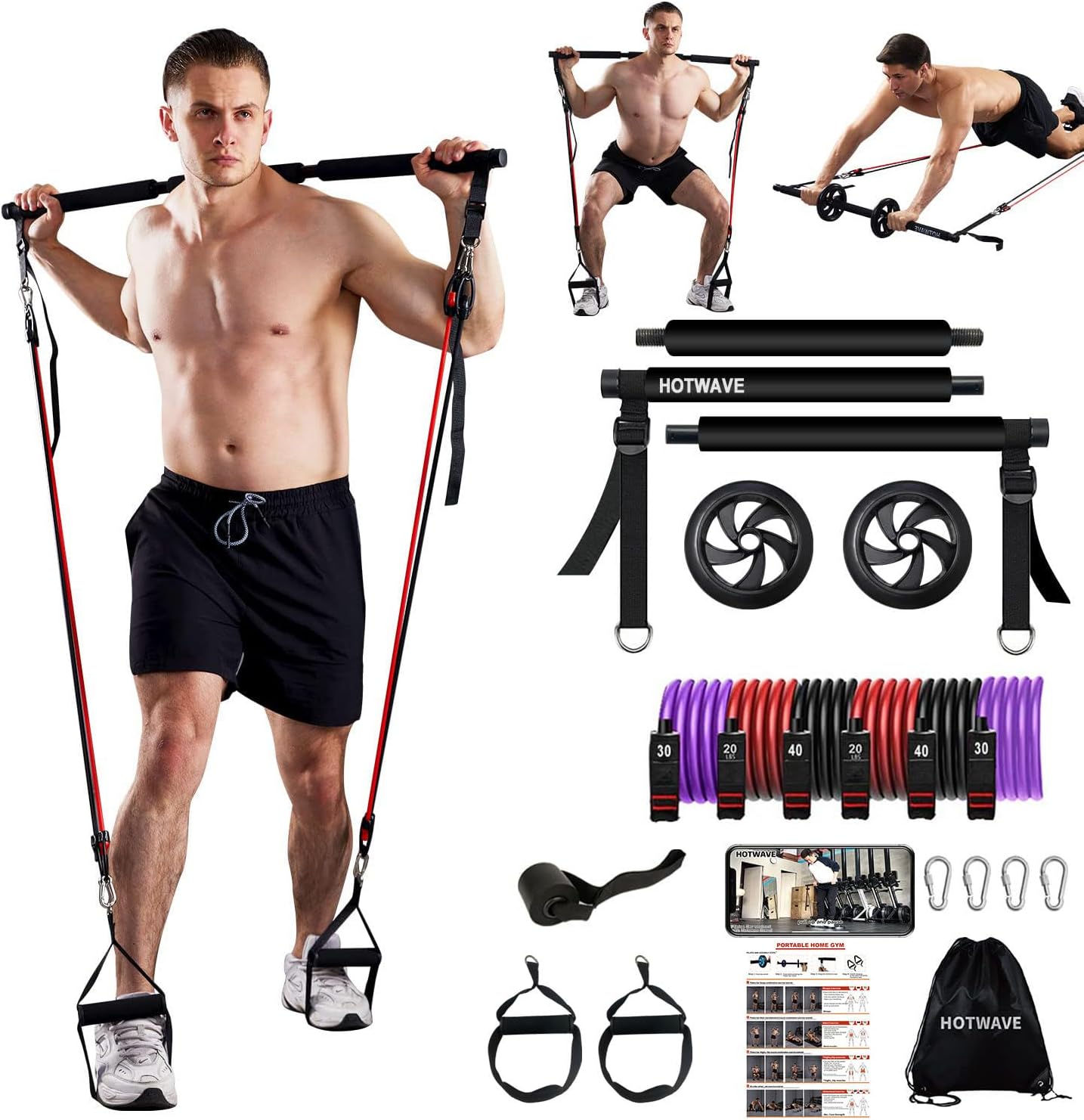 HOTWAVE Portable Exercise Equipment with 16 Gym Accessories.20 in 1 Push Up  Board Fitness,Resistance Bands with Ab Roller Wheel,Full Body Workout at