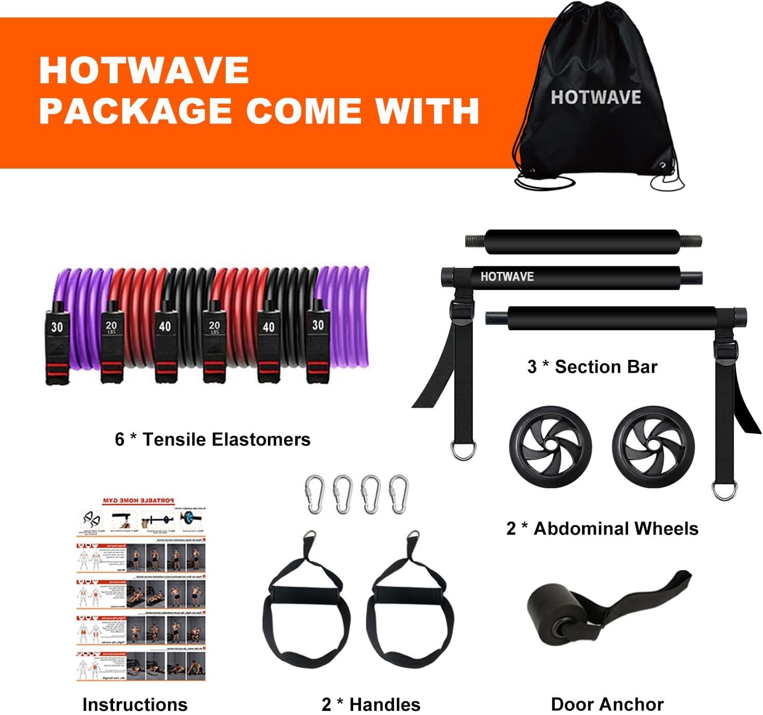HOTWAVE Pilates Bar Kit with 15 Fitness Accessories.Resistance Bands  Strength Training. Ab Roller for Abs Workout.Portable Home Gym for Man and  Women